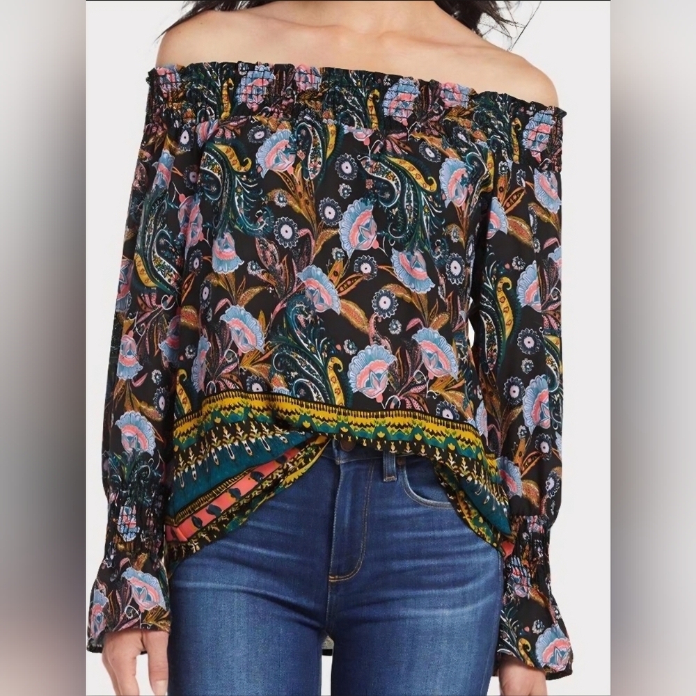 Allison Joy Black Multi Off-Shoulder Floral Boho Top